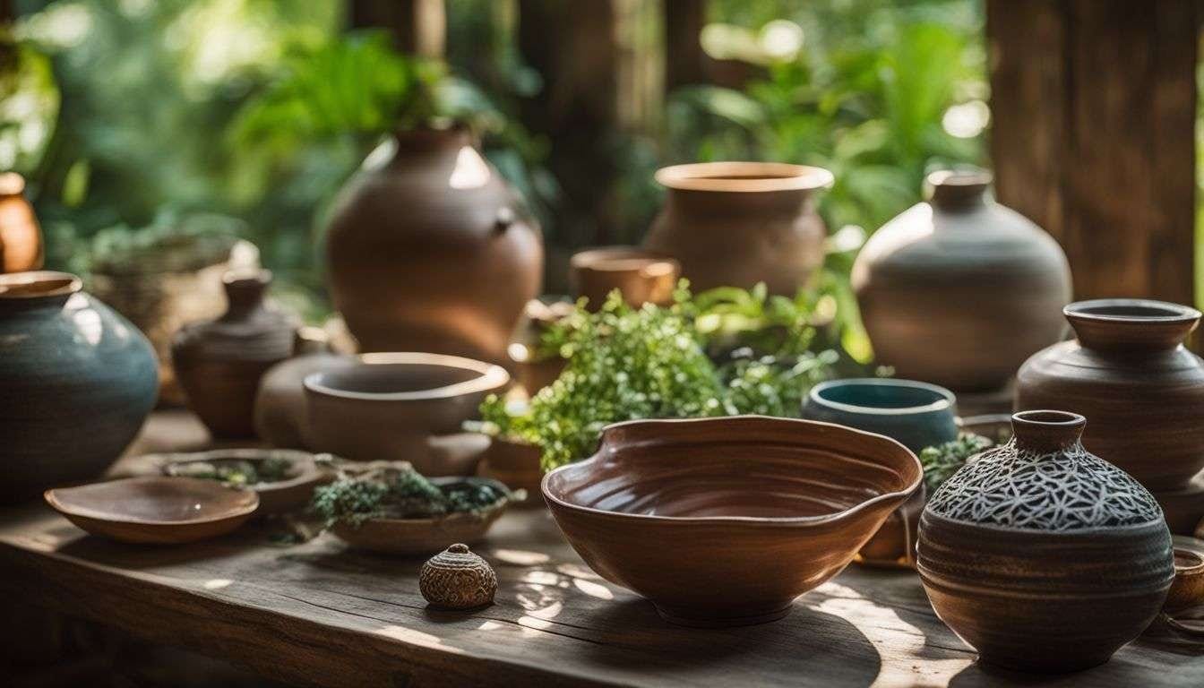 Artisan pottery and jewelry displayed on rustic table in natural setting. Artisan pottery and jewelry displayed on rustic table in natural setting.