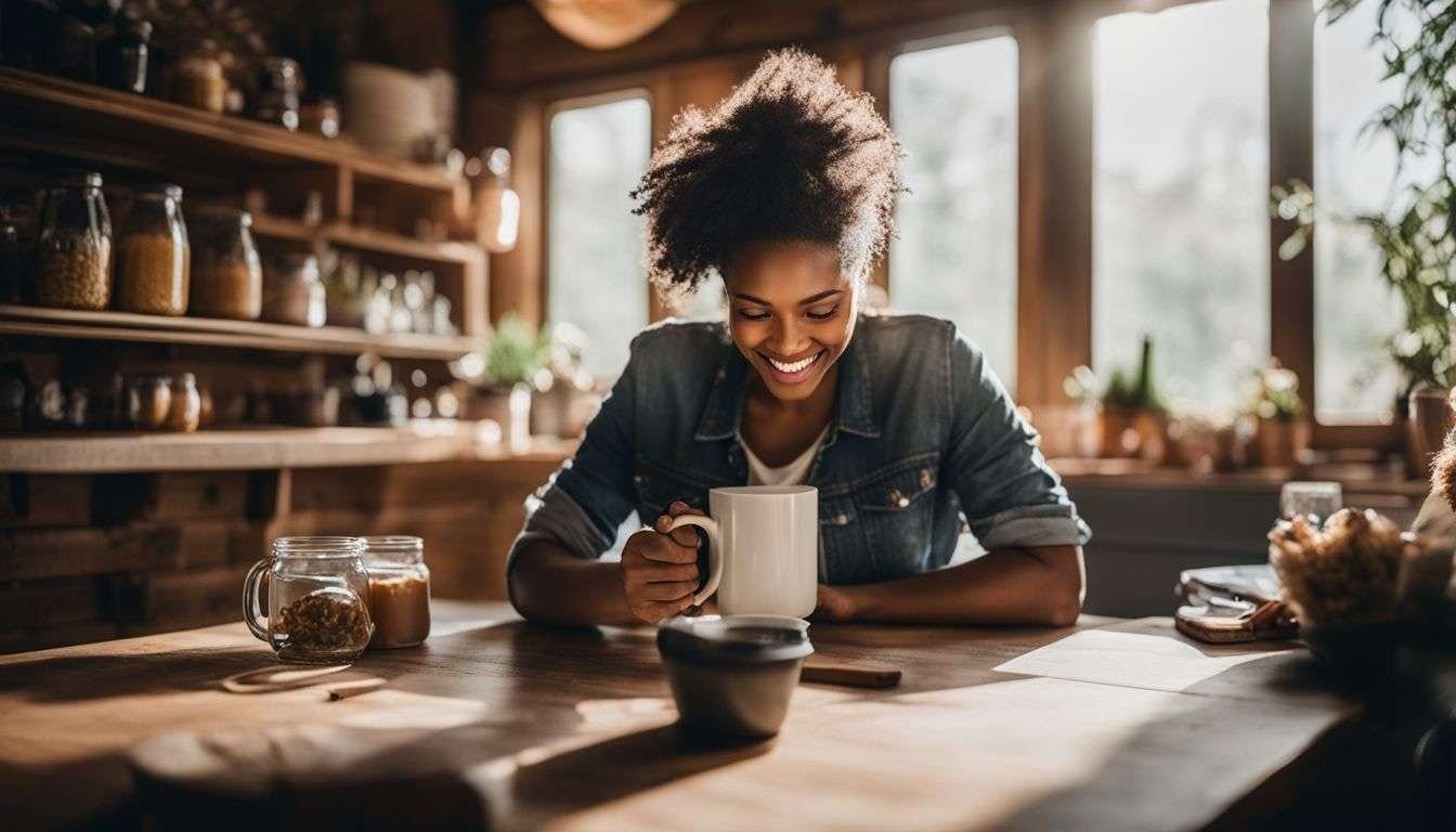 A person with a meaningful quote surrounded by sustainable products and nature. A person researching her gifts that give back for the friends in her life.