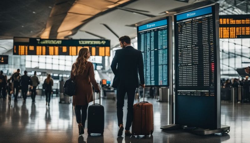 A man and woman at airport looking at flight departure board.