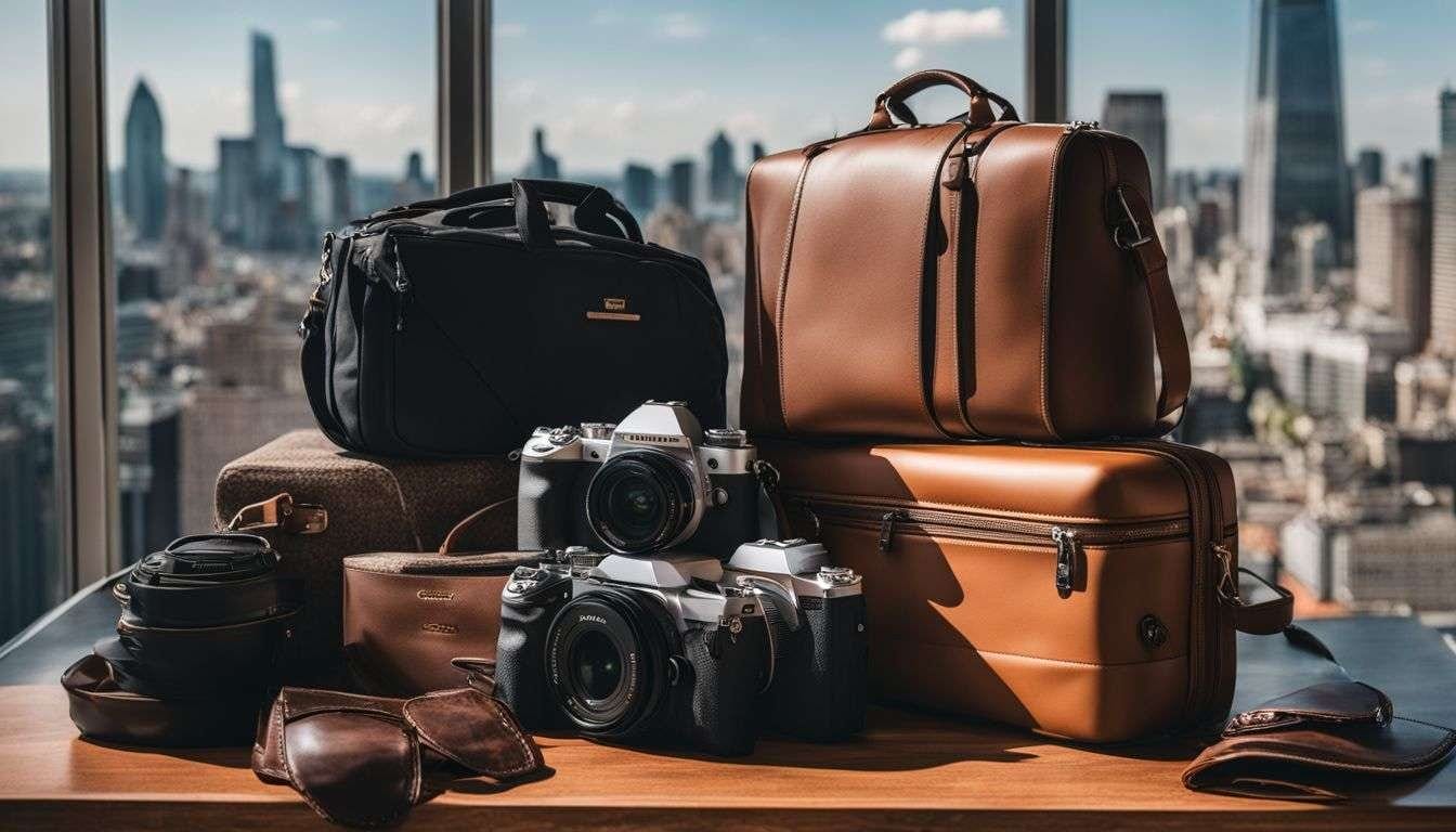 A neatly packed suitcase against a vibrant cityscape with travel essentials. A neatly packed suitcase with travel essentials thanks to a blank vacation packing list.