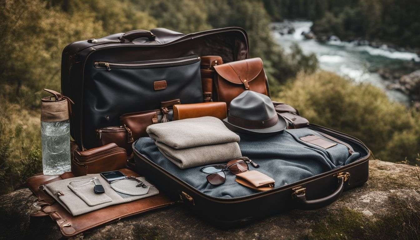 A packed suitcase surrounded by diverse landscapes and people. A packed suitcase thanks to an international travel packing list.