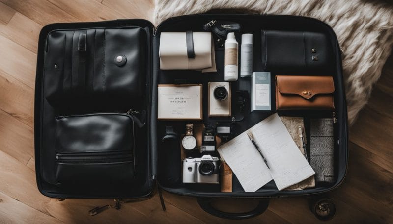 Organized suitcase and travel essentials with blank packing list template.