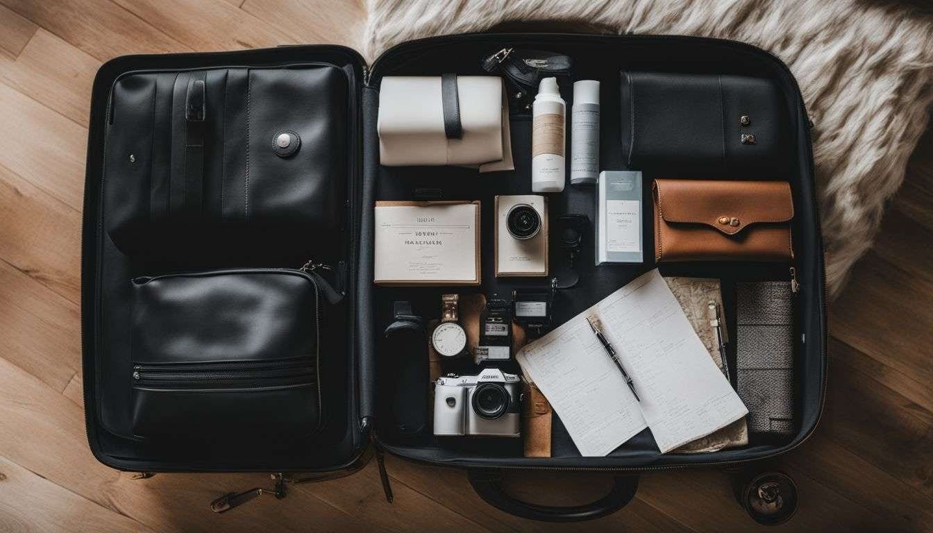 Organized suitcase and travel essentials with blank packing list template. Organized suitcase and travel essentials with blank packing list template.