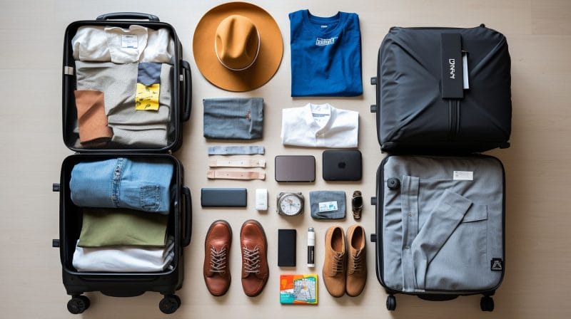 Neatly organized travel suitcase surrounded by essential items in flat lay.
