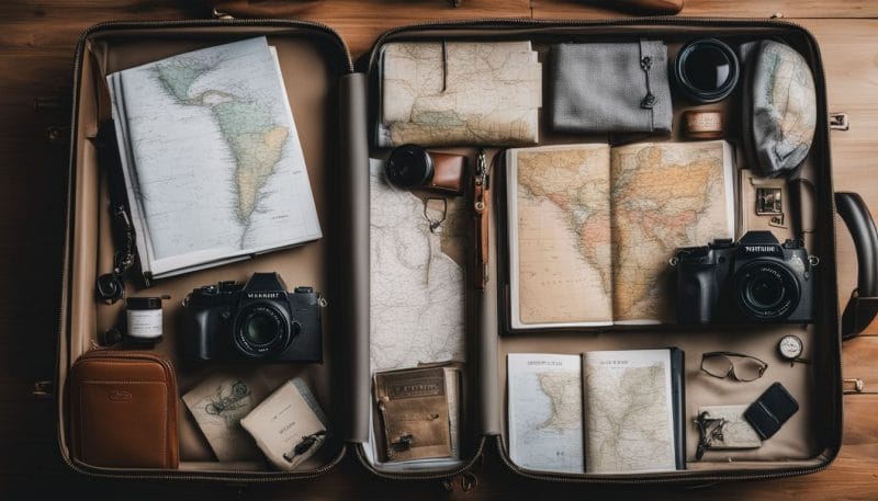 A packed suitcase with travel essentials surrounded by a map and checklist.