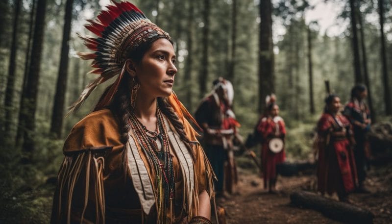An indigenous woman leading a traditional land acknowledgment ceremony in a forest clearing.