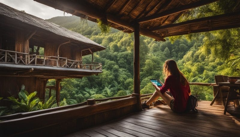 A traveler using a responsible travel app to find eco-friendly accommodations.