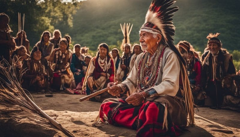 An Indigenous tribal elder performing a traditional land acknowledgment ceremony outdoors.