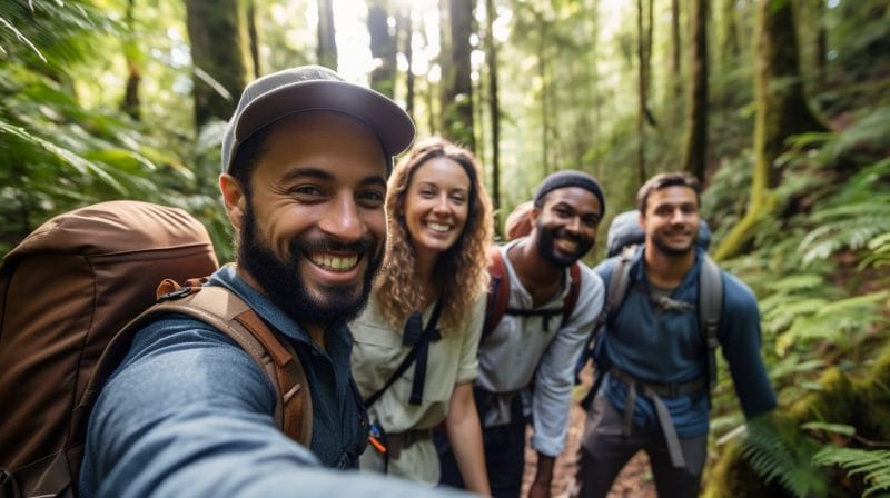Diverse group of hikers using eco-friendly travel apps in sustainable forest.
