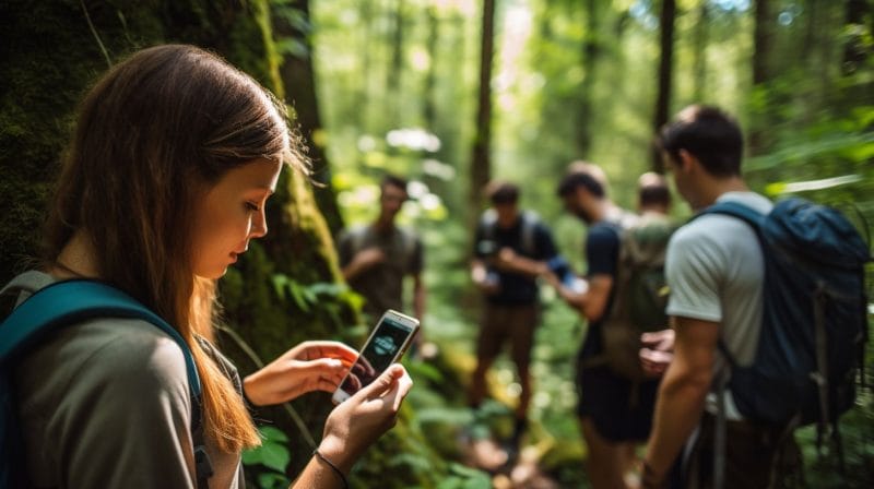 Diverse group of hikers using responsible travel apps in sustainable forest.