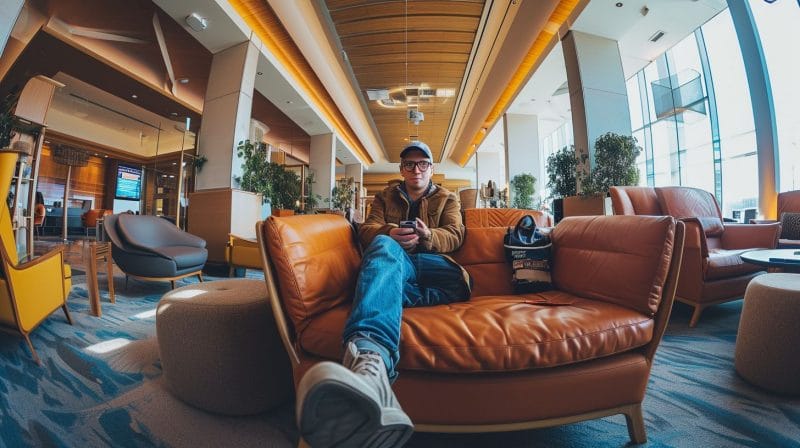 A traveler enjoys luxurious amenities in an airport lounge.