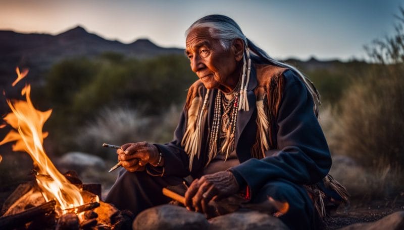An elder sharing stories by a campfire under the stars.