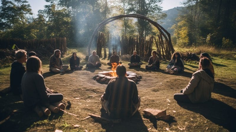 A diverse group of people gather in a circle on traditional indigenous land.