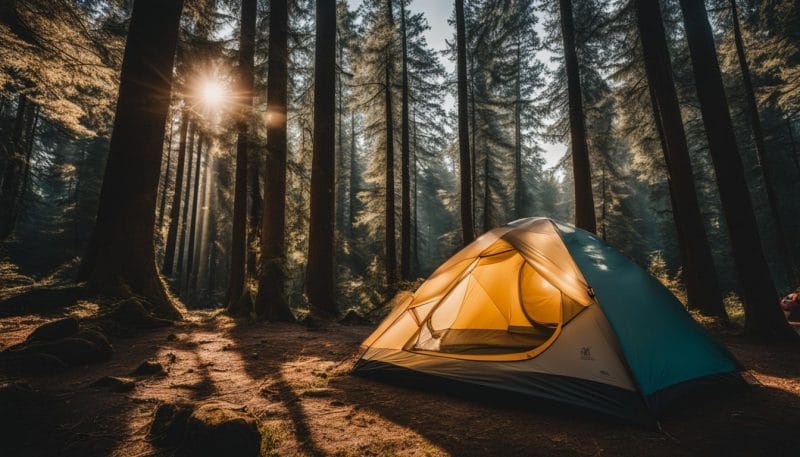 A cozy camping tent in a peaceful forest surrounded by tall trees.