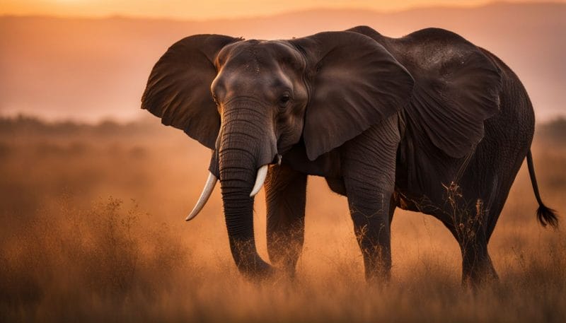 A majestic elephant in the African savanna at sunset.