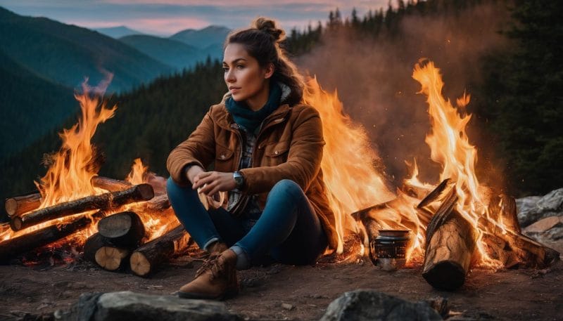 A person sitting by a campfire surrounded by the glow of the flames.