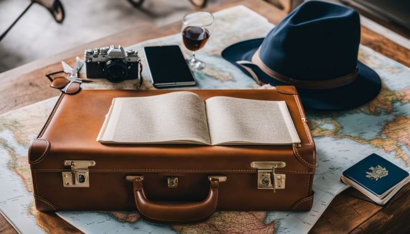 A traveler's essentials surrounded by travel books and a laptop.