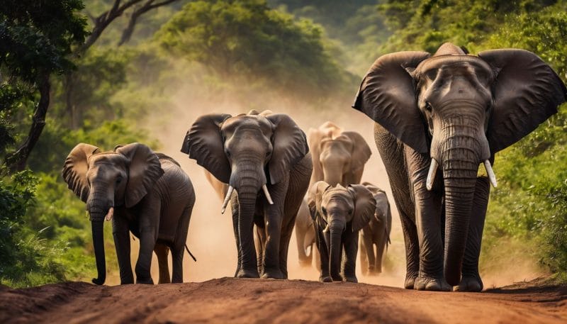 A majestic elephant family wandering freely in a lush, natural habitat.