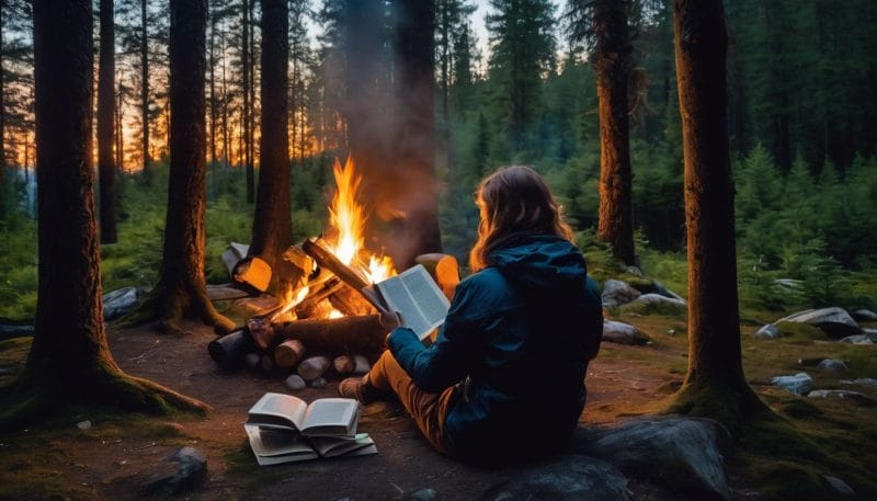 A person reading by the campfire in the tranquil forest at night.