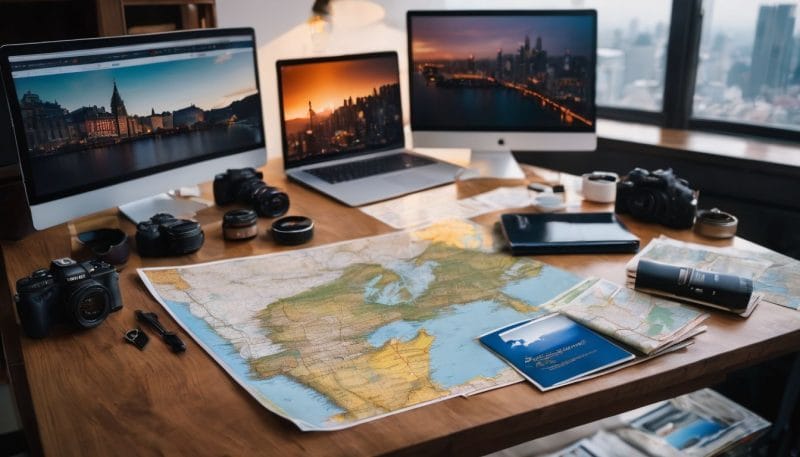 A desk with travel-related items and cityscape photography.
