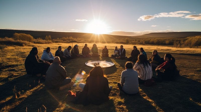 A diverse group of people gather in a circle on traditional indigenous land.