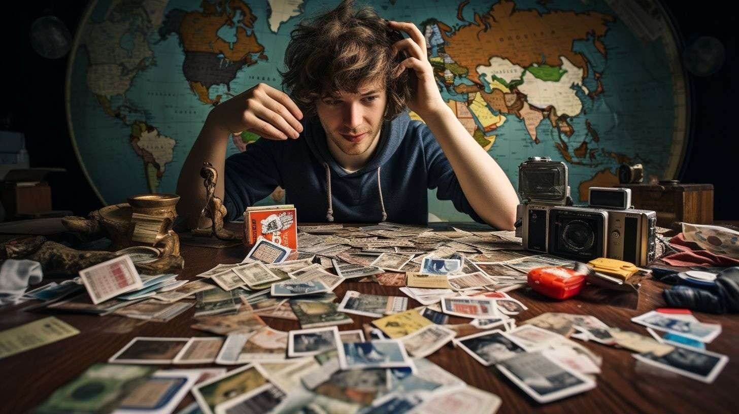 A young traveler excitedly explores a world map surrounded by travel rewards cards. A young traveler excitedly explores a world map surrounded by travel rewards cards.