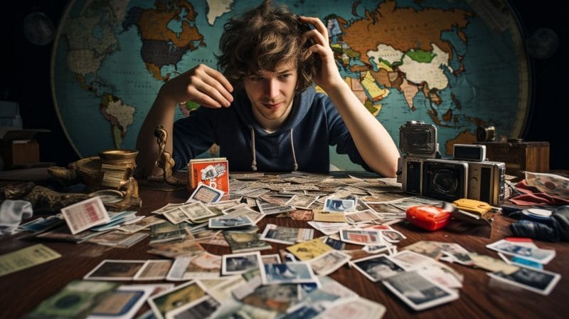 A young traveler excitedly explores a world map surrounded by travel rewards cards.