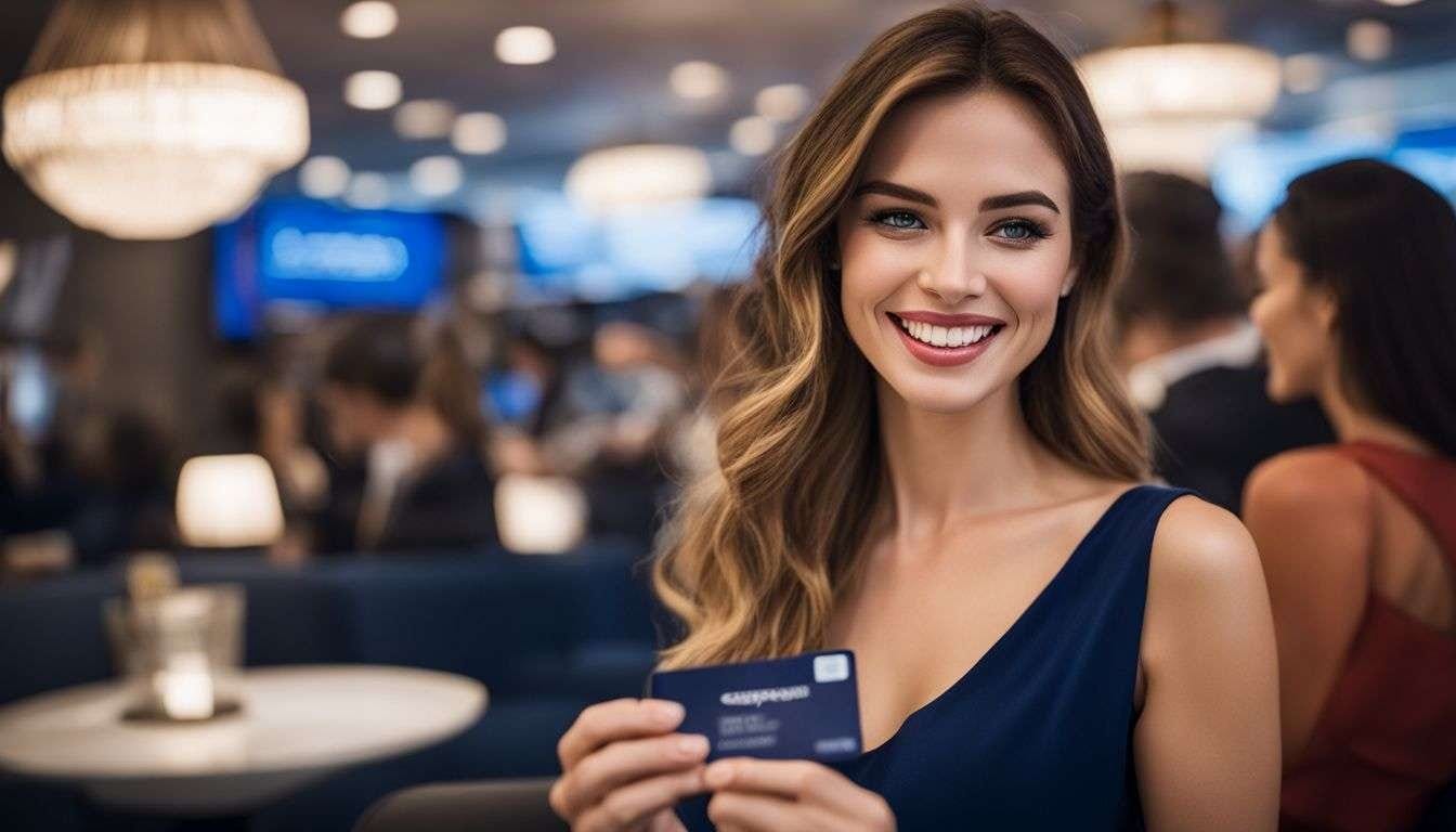 A traveler happily presents their Chase Sapphire Preferred® Card in an airport lounge. A traveler happily presents their Chase Sapphire Preferred® Card in an airport lounge.
