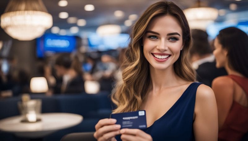 A traveler happily presents their Chase Sapphire Preferred® Card in an airport lounge.
