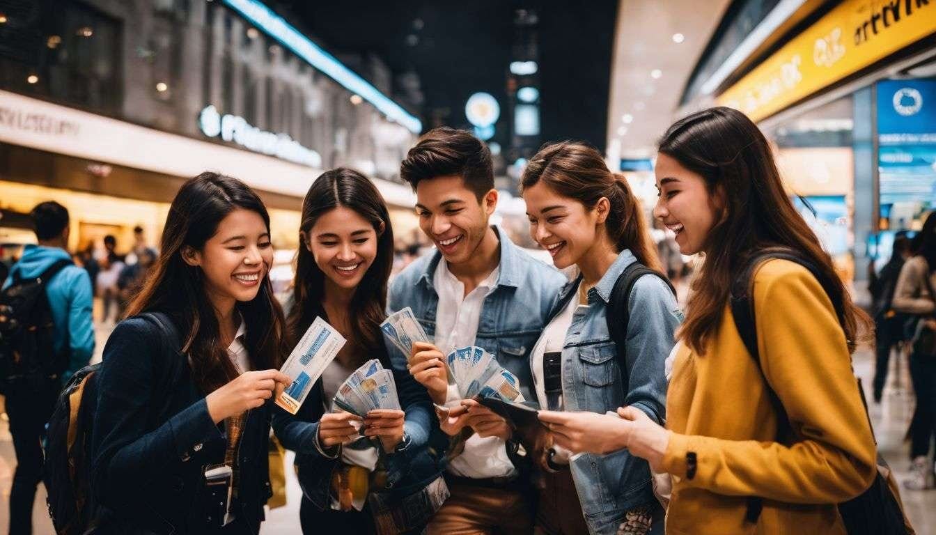 A group of excited students holding airline tickets for budget travel. A group of excited students holding airline tickets for budget travel.