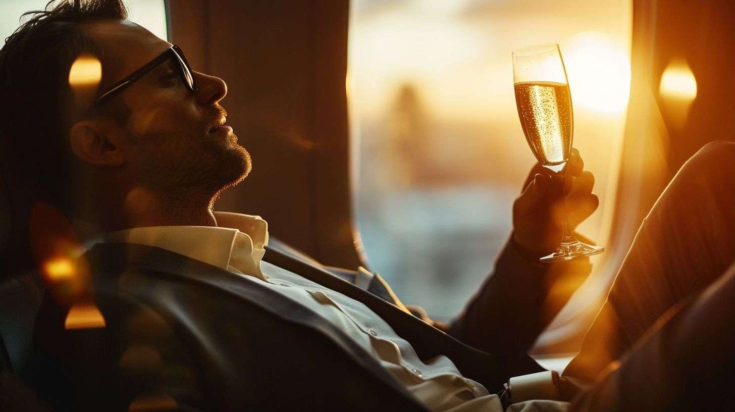 A business traveler enjoying champagne in first class. A business traveler enjoying champagne in first class.