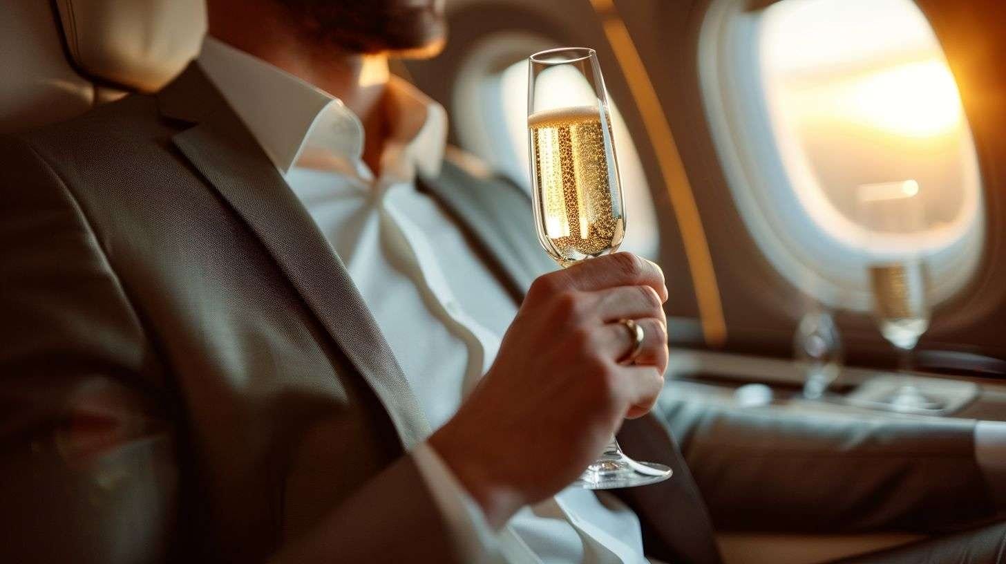 A business traveler enjoying champagne in first class. A business traveler enjoying champagne in first class.
