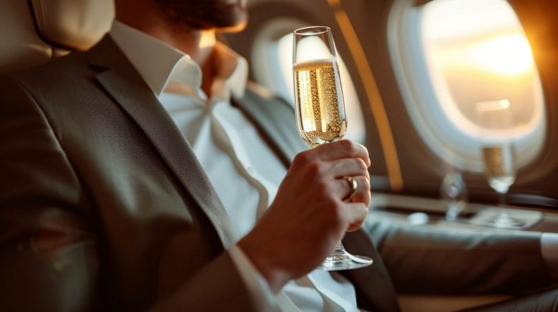 A business traveler enjoying champagne in first class.