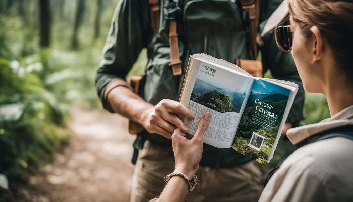 A traveler exploring a sustainable destination with a guidebook.
