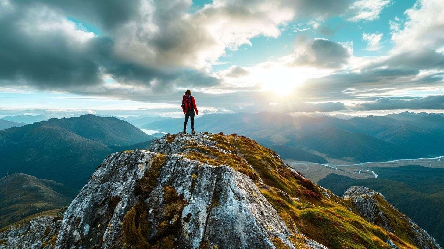 A hiker captures stunning mountain vistas with a wide-angle lens. A hiker captures stunning mountain vistas with a wide-angle lens.