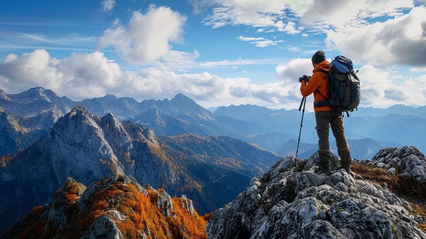 A hiker captures stunning mountain vistas with a wide-angle lens. A hiker captures stunning mountain vistas experiencing the health benefits of travel.