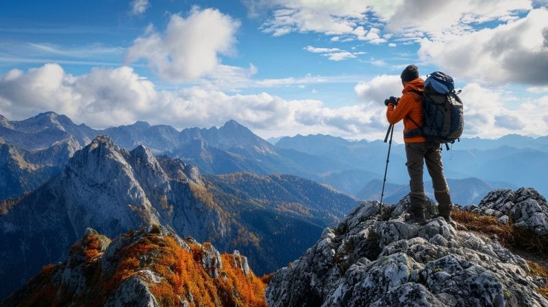 A hiker captures stunning mountain vistas  experiencing the health benefits of travel.