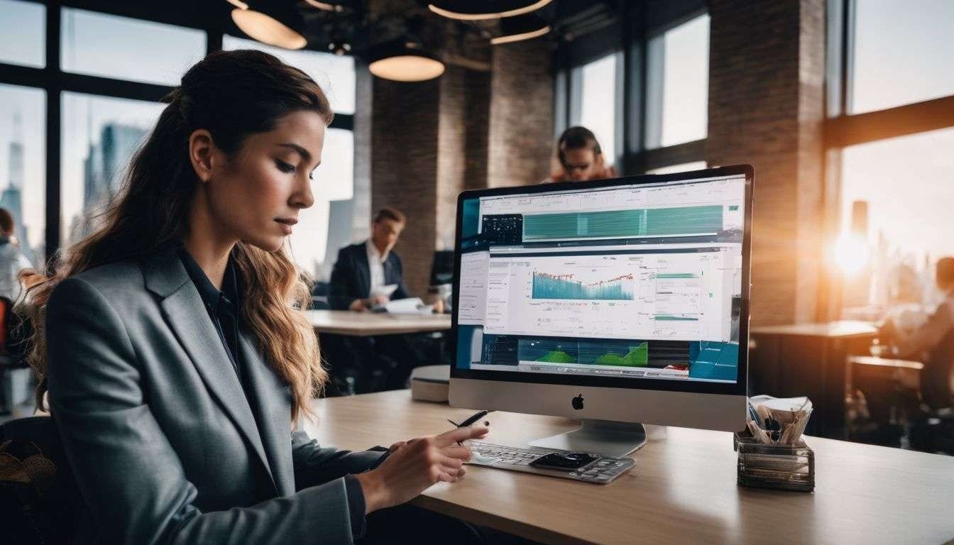 A person uses a carbon calculator app in a modern office. A person uses a carbon calculator app in a modern office.
