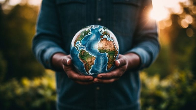 A person holding a globe in front of a world map.