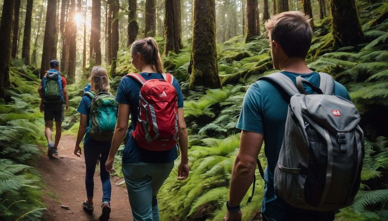 A family enjoys a nature hike through a lush forest trail. A family enjoys a nature hike through a lush forest trail.