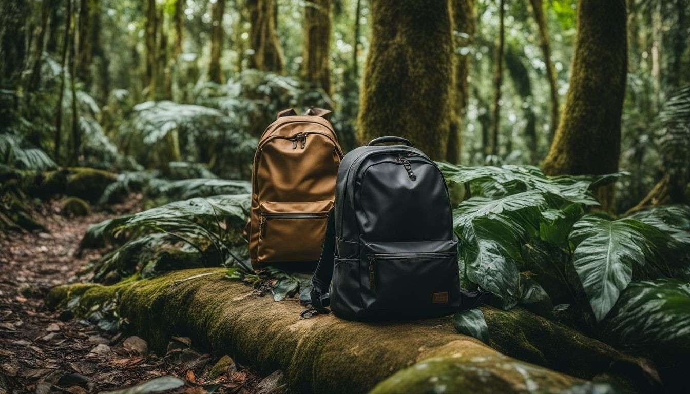 An eco-friendly travel backpack photographed in a biodiverse rainforest with people.