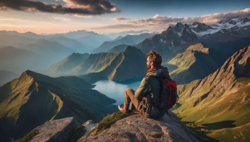 A person sitting on a cliff overlooking a beautiful mountain range.