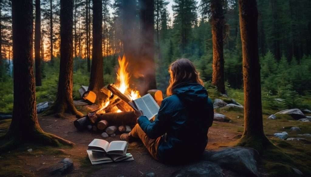 man infront of campfire reading book
