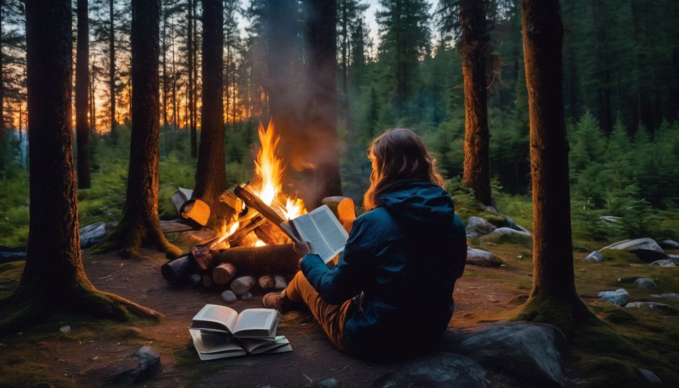 man infront of campfire reading book