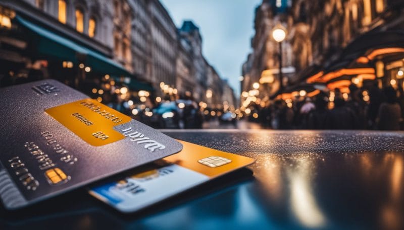 A credit card surrounded by travel destinations and lifestyle imagery.