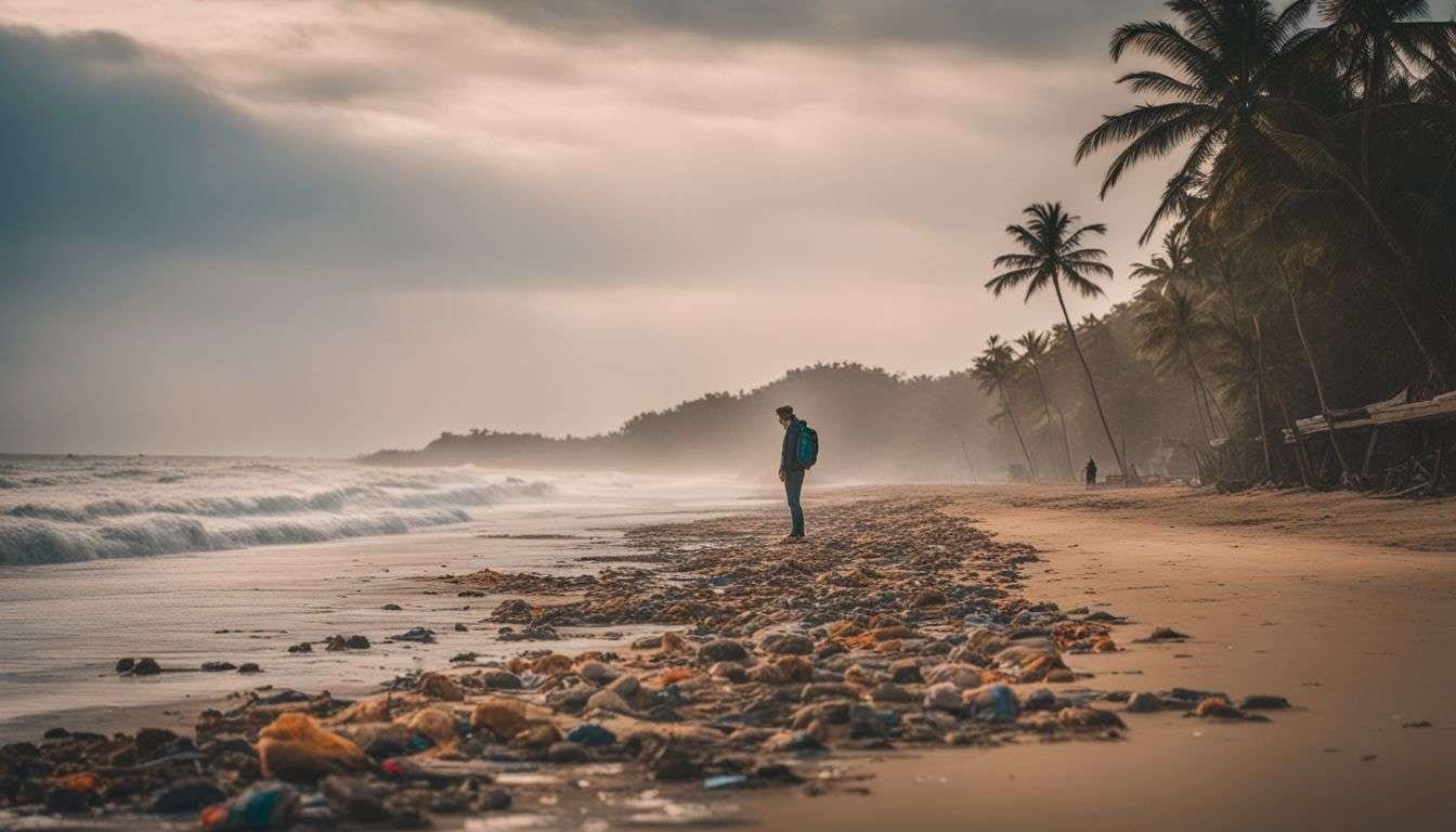 A tourist observes a polluted beach with hidden litter among the sand.