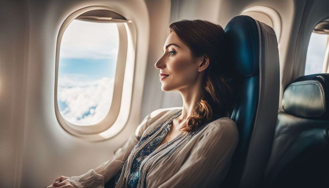 A traveler enjoying the view from a spacious airplane seat. A traveler enjoying the view from a spacious airplane seat.