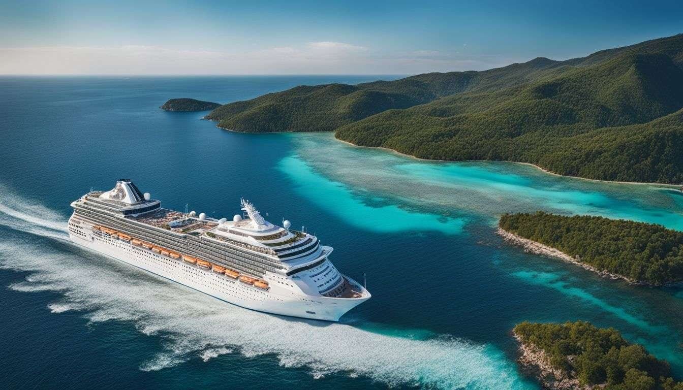 A cruise ship sailing through clear blue waters with diverse passengers. A cruise ship sailing through clear blue waters with diverse passengers.