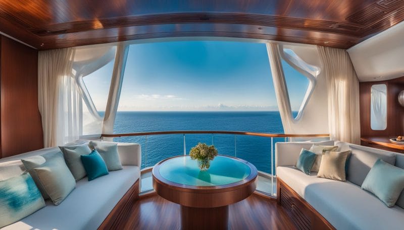 A sleek, eco-friendly cruise ship sailing through crystal-clear blue waters.