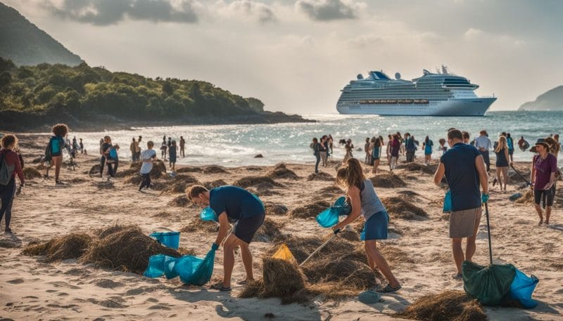Passengers clean beach with sustainable cruise ship in background.